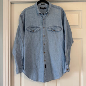 Vintage 90’s Men's Perry Ellis America Denim Button-Up Shirt L Light Wash Blue